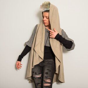 Open Circle Cloak Sleeveless Waterfall Cardigan in Neutral/ Beige/ Taupe